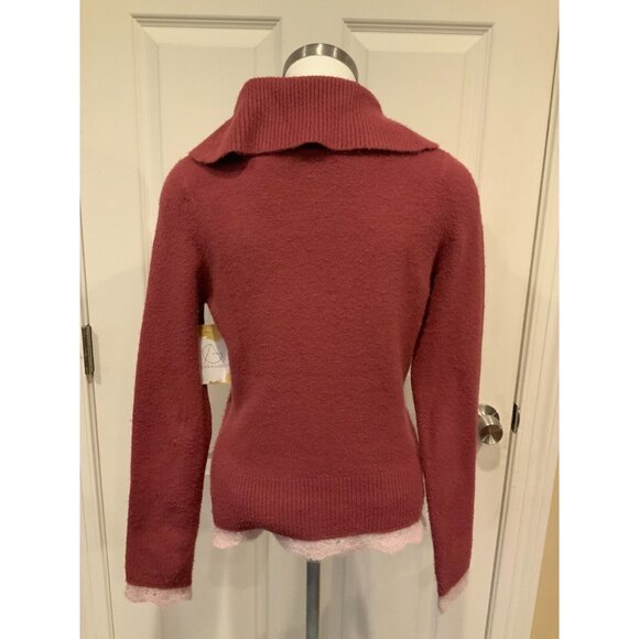 Sleeping on Snow Dark Pink Cowl Neck Sweater W/ Light Pink Crochet Trim, Size L - Picture 6 of 9